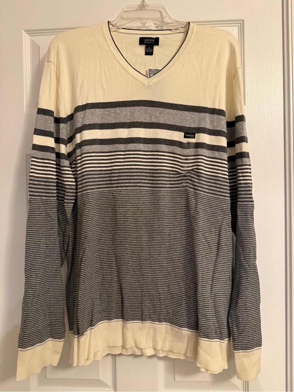 Alfani Men Cream and Gray Striped V-Neck Pullover